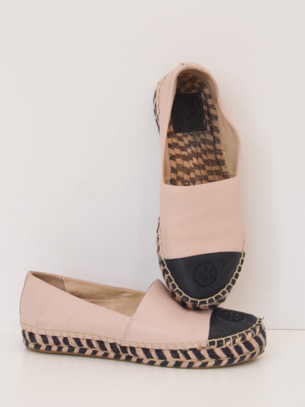 Tory Burch Leather Colorblock Espadrille Flats Pink Navy Cap Toe Logo 7M 8099
